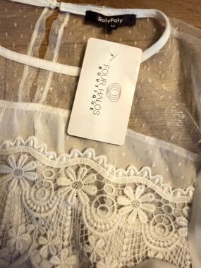 RolyPoly White Sheer Lace Blouse with Floral Embroidery